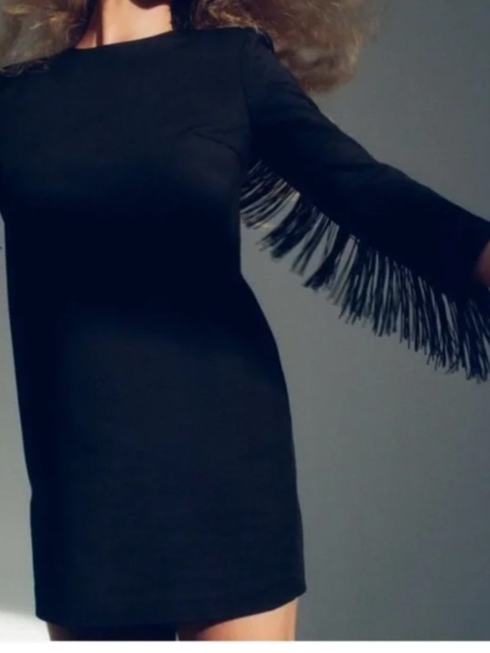 ZARA Black Fringe Mini Dress XS Shoulder Pad Long Sleeve NWT